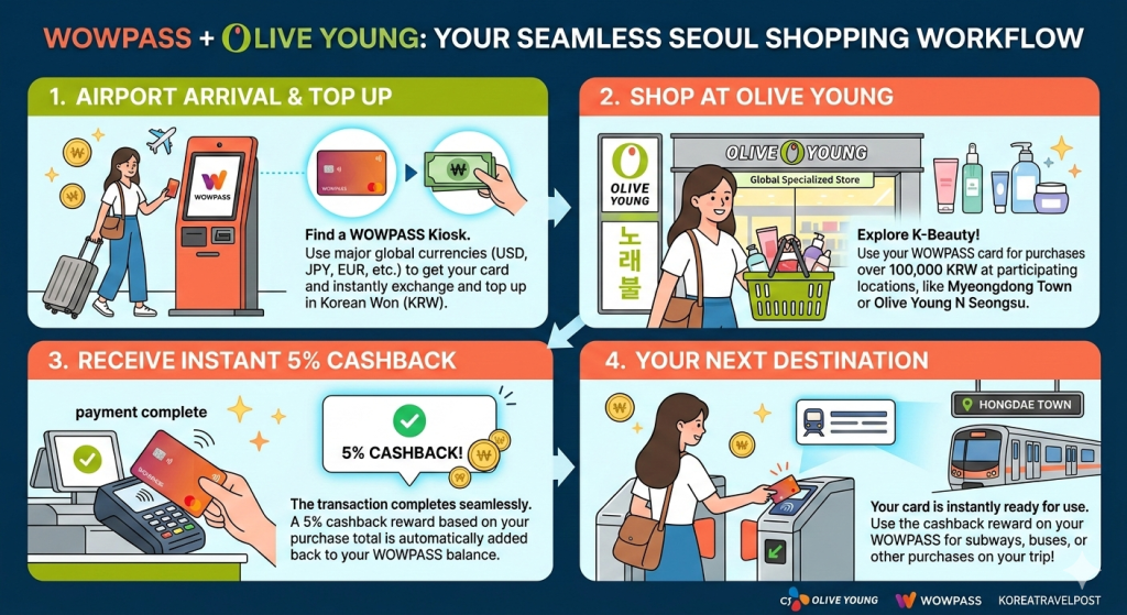 The Workflow: Top up your WOWPASS at the airport → Shop at Olive Young → Receive 5% instant cashback → Use that cashback for your subway ride to the next destination.