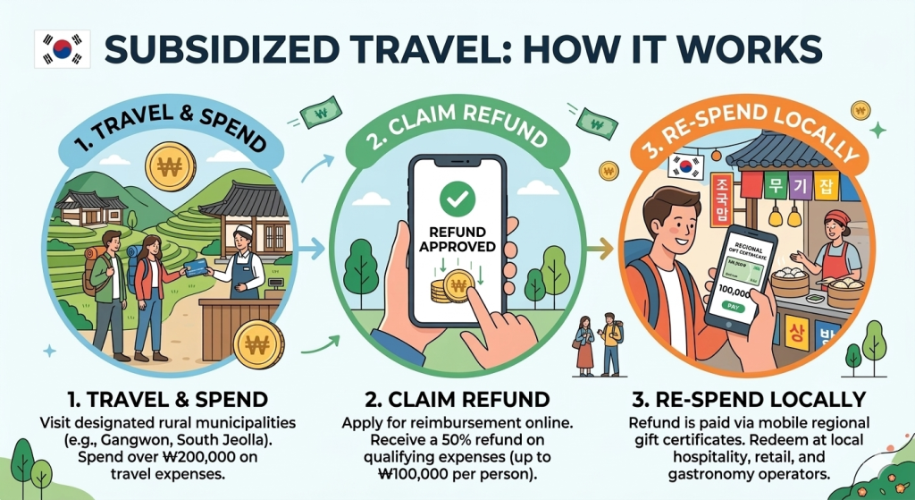 A three-step infographic titled "Subsidized Travel: How It Works" explaining South Korea’s rural tourism subsidy. Step 1 shows travelers at a traditional hanok guesthouse with the caption "Travel & Spend over ₩200,000." Step 2 shows a smartphone with a "Refund Approved" message for a 50% reimbursement. Step 3 shows a tourist using a mobile regional gift certificate to pay at a local market stall, with the caption "Re-spend Locally." The graphic uses a clean, modern illustration style with the South Korean flag in the corner.