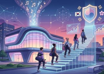 A vibrant, futuristic illustration featuring diverse young students ascending a glowing, holographic staircase toward a shield emblem representing official government certification. To the left is a sleek, modern "Mega-Academy" building with neon accents. Floating above are abstract musical notes and digital data nodes, symbolizing the fusion of K-culture with a regulated economic infrastructure. The setting is a contemporary Korean cityscape at dusk.