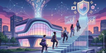 A vibrant, futuristic illustration featuring diverse young students ascending a glowing, holographic staircase toward a shield emblem representing official government certification. To the left is a sleek, modern "Mega-Academy" building with neon accents. Floating above are abstract musical notes and digital data nodes, symbolizing the fusion of K-culture with a regulated economic infrastructure. The setting is a contemporary Korean cityscape at dusk.
