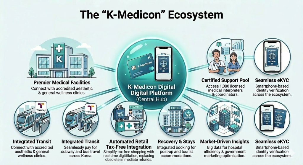 A hub-and-spoke ecosystem diagram titled "The K-Medicon Ecosystem" showing a central digital platform connecting all sectors of South Korean medical tourism.

The Central Hub: Features the K-Medicon digital card and smartphone eKYC identity rail.

The Spoke Connections: Illustrates seamless links to Premier Medical Facilities, a 1,000-person Certified Support Pool, Automated Retail Tax-Free Integration, Integrated Transit (T-Money), specialized Recovery Stays, and Market-Driven Big Data Insights for hospital efficiency.