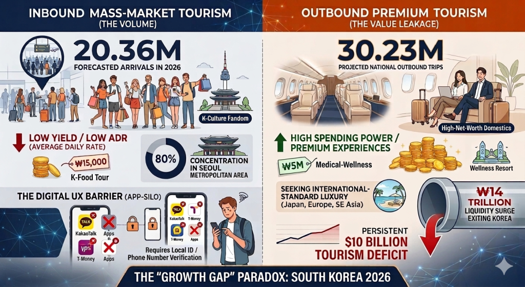 A split-screen infographic comparing South Korean inbound and outbound tourism projections for 2026. On the left, titled "Inbound Mass-Market Tourism," a large crowd of tourists represents 20.36 million forecasted arrivals, noted for low average daily rates, such as a ₩15,000 K-Food tour. It highlights that 80% of activity is concentrated in Seoul and identifies "App-Silo" digital barriers, such as the requirement for local IDs to use apps like KakaoTalk and T-Money. On the right, titled "Outbound Premium Tourism," a high-net-worth couple in a luxury airplane cabin represents 30.23 million projected outbound trips. This side highlights high spending power on premium experiences like ₩5 million medical-wellness trips and international luxury travel. A large pipe at the bottom right shows a ₩14 trillion "liquidity surge" exiting Korea, resulting in a persistent $10 billion tourism deficit.