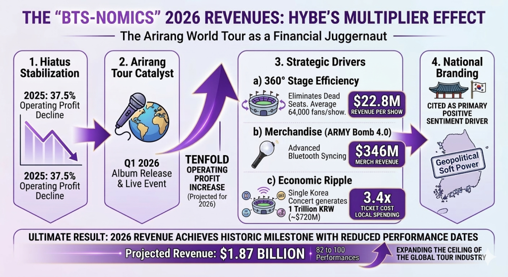 Infographic analysis of BTS Arirang World Tour 2026 economic impact. Data visualization shows $1.87 billion projected revenue, BTS-nomics financial drivers, 360-degree stage efficiency, and the 3.4x economic multiplier effect for South Korea’s tourism and national branding.