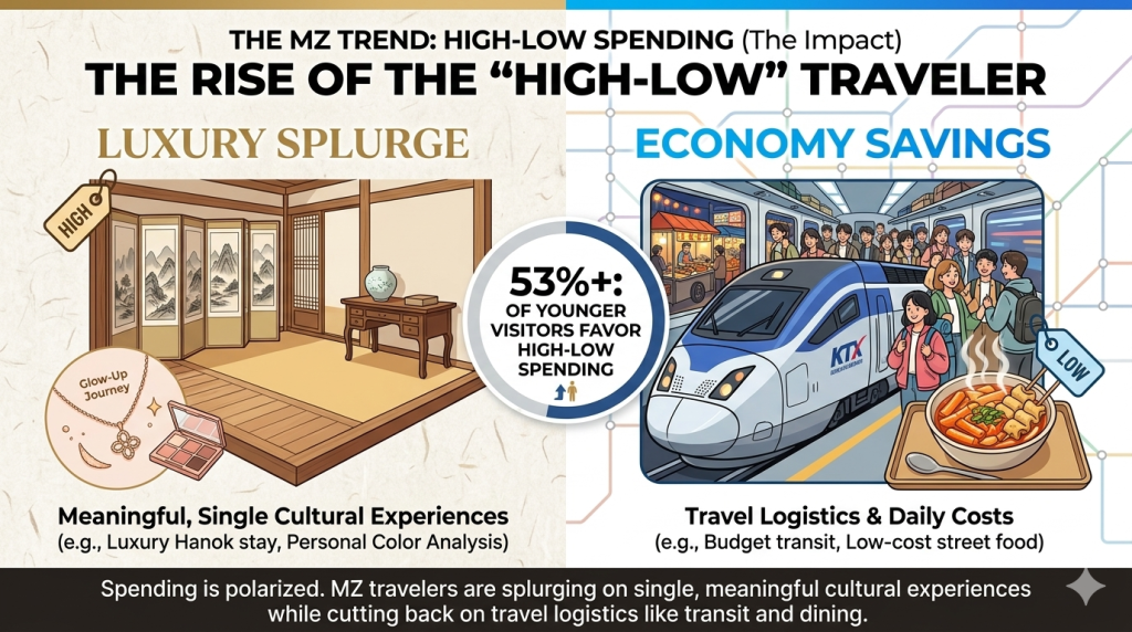 A visual infographic contrasting two types of experiences. The image is split. One half shows a luxury, minimalist room in a traditional Hanok (Guesthouse) with a high price tag. The other half shows a crowded, affordable subway train (KTX) and a delicious, low-cost street food meal.