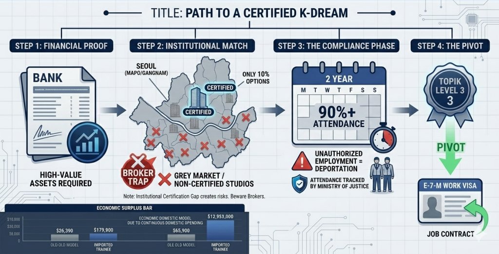 An informative infographic titled "TITLE: PATH TO A CERTIFIED K-DREAM," detailing the multi-step process and economic implications of the K-culture training visa 2026 program.