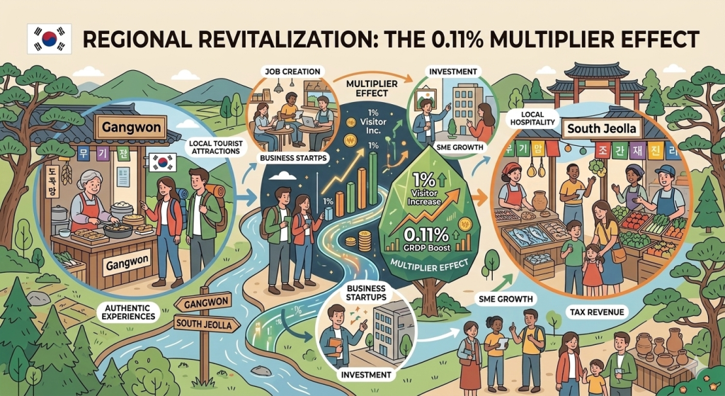 An illustrative infographic titled "Regional Revitalization: The 0.11% Multiplier Effect" set against a lush Korean rural landscape. The image features a central flow showing how tourism impacts the economy. On the left, a "Gangwon" scene shows tourists interacting with an elderly vendor at an authentic food stall. The center features a growing green upward arrow with the text "1% Visitor Increase leads to 0.11% GRDP Boost." Branching paths illustrate secondary benefits like "Job Creation," "SME Growth," and "Business Startups." On the right, a "South Jeolla" scene depicts a busy local market with families and travelers, symbolizing increased tax revenue and regional stability.